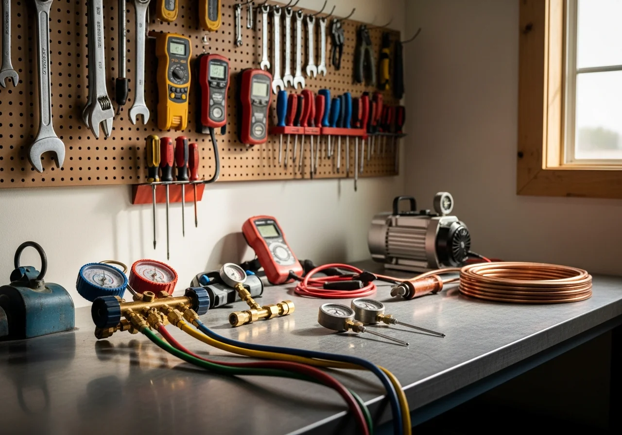 HVAC technician tools and equipment on a workbench, representing professional heating and cooling service.