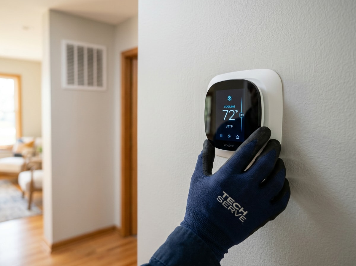 Technician checking a home thermostat and AC unit in College Station, TX during a service call
