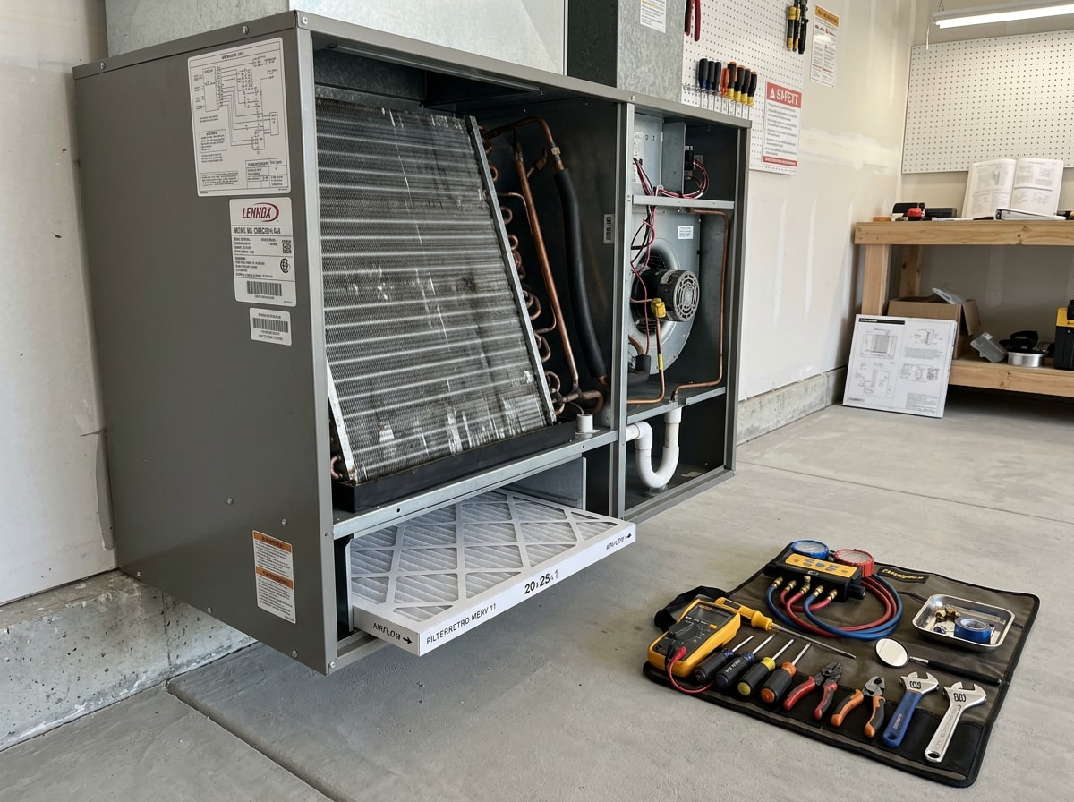 Diagram showing indoor and outdoor AC components checked during a technician inspection