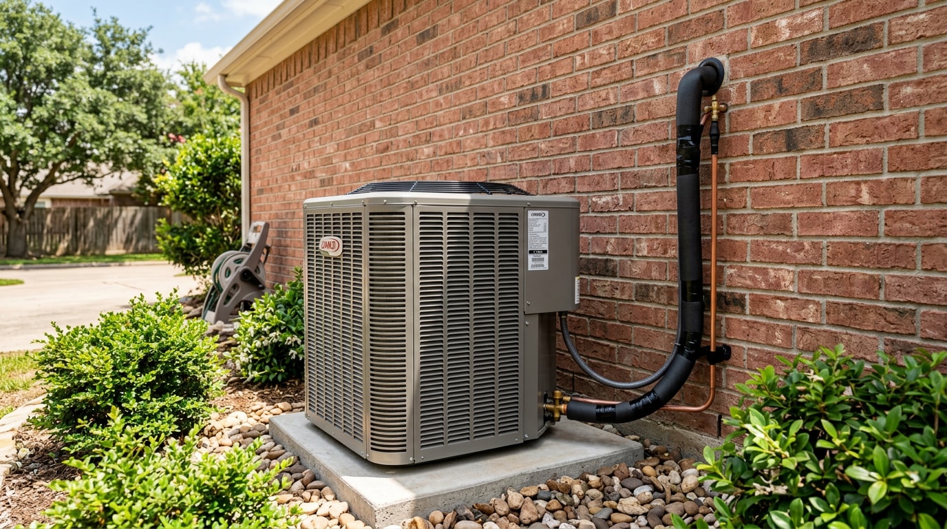 Residential outdoor AC condenser unit outside a College Station, TX home Residential outdoor AC condenser unit outside a College Station, TX home