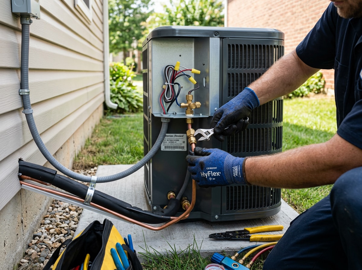 HVAC technician installing a central air conditioning unit outside a Hearne, TX home