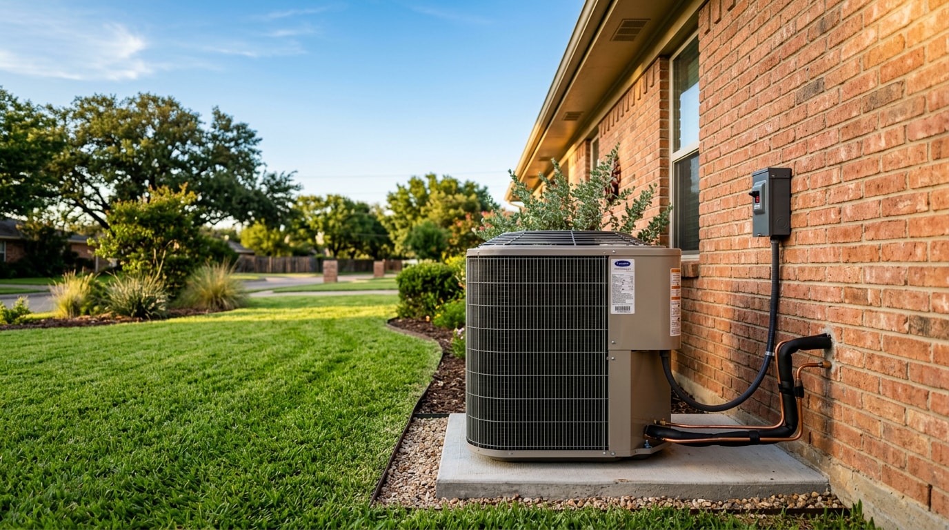 New central air conditioning condenser unit installed outside a Texas home