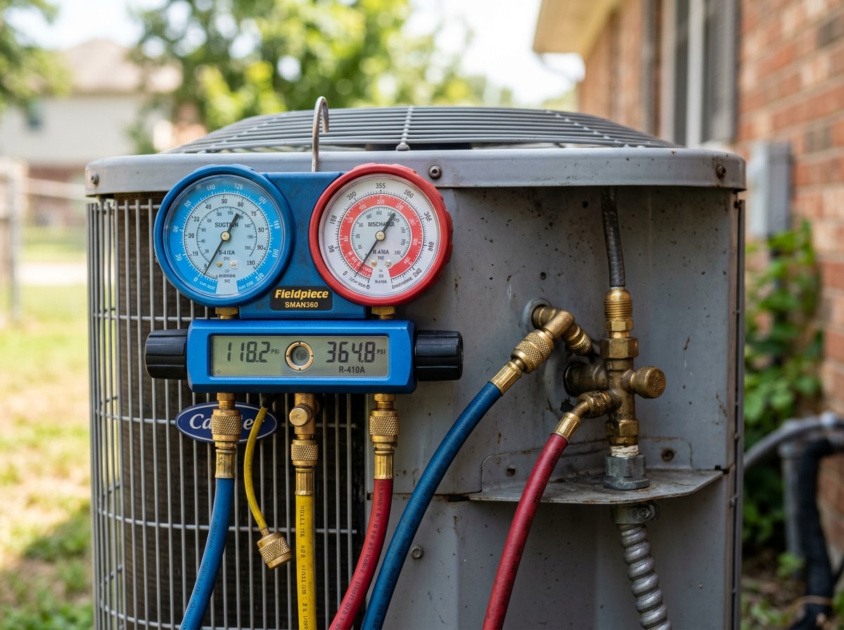 Licensed HVAC technician checking refrigerant gauges during an AC unit tune up in Bryan, TX