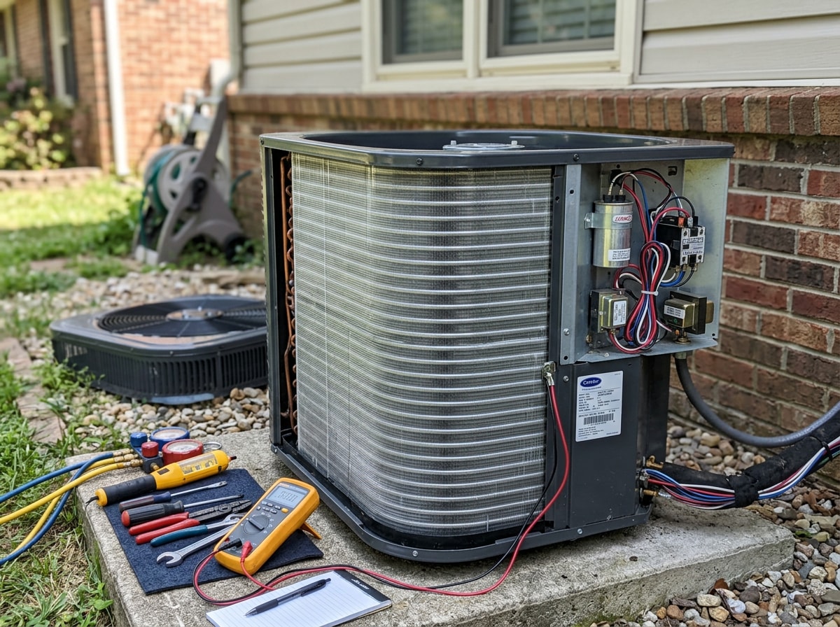 Technician performing a visual inspection of an outdoor condenser unit as part of an AC system inspection