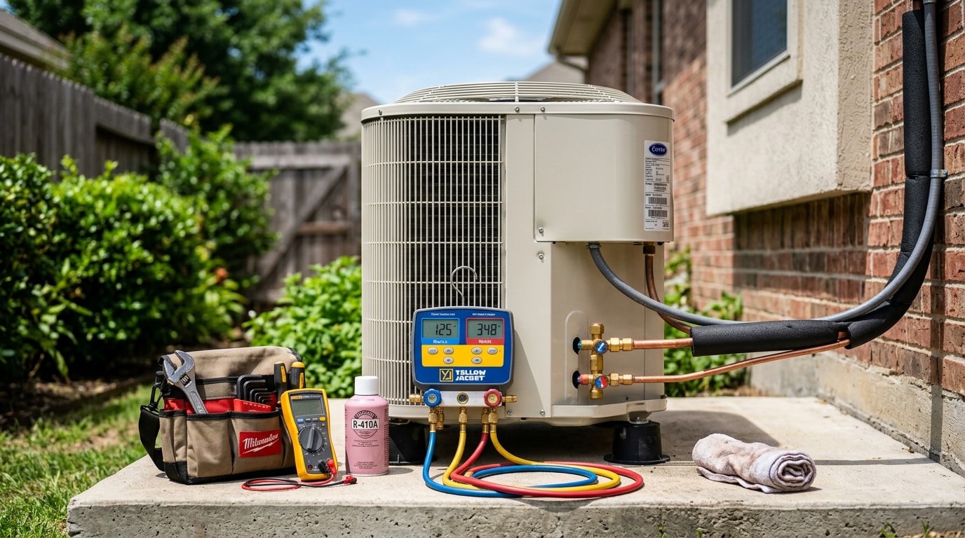Outdoor residential AC condenser unit ready for a seasonal tune-up in Bryan, TX