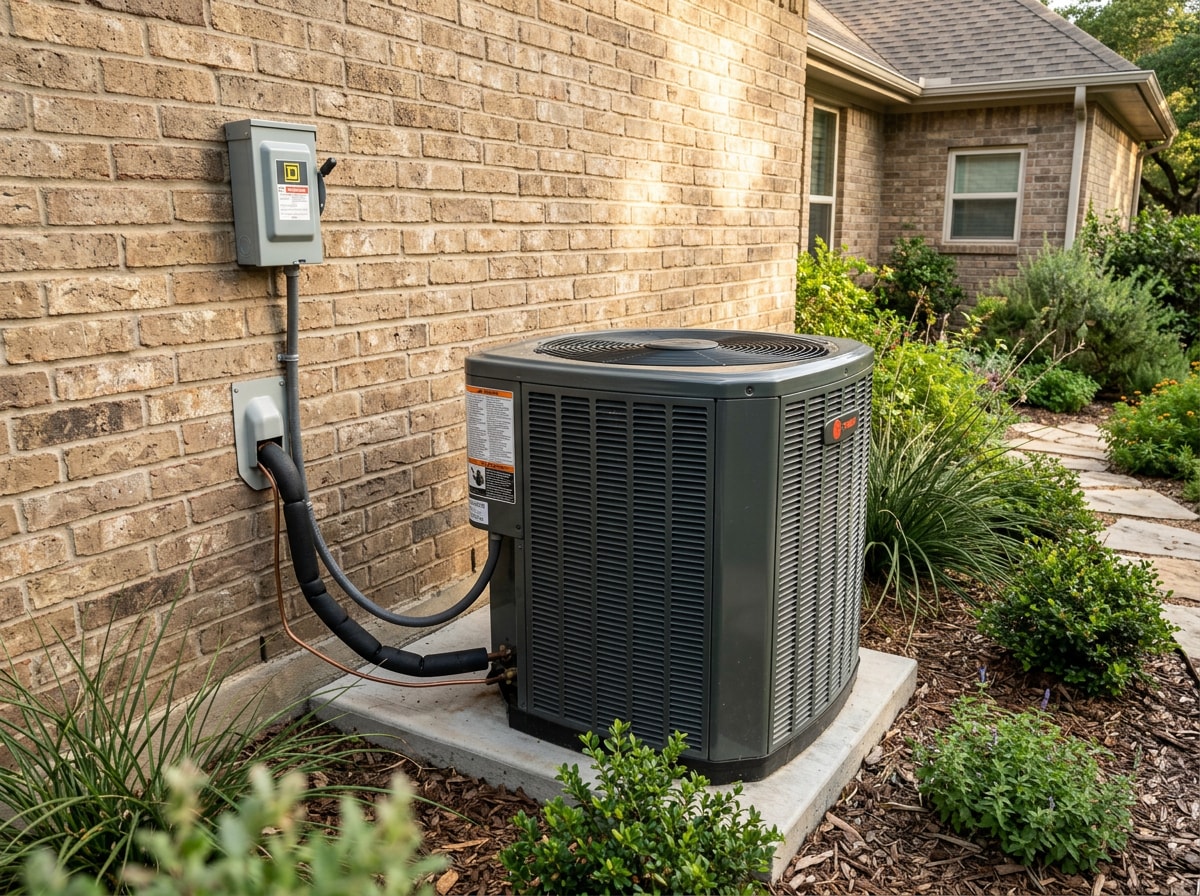 Central air conditioning condenser unit installed beside a Texas home