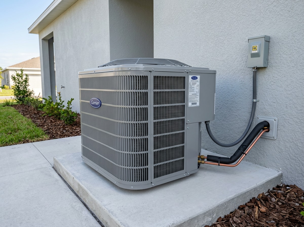 Carrier central air conditioning condenser with brand logo visible