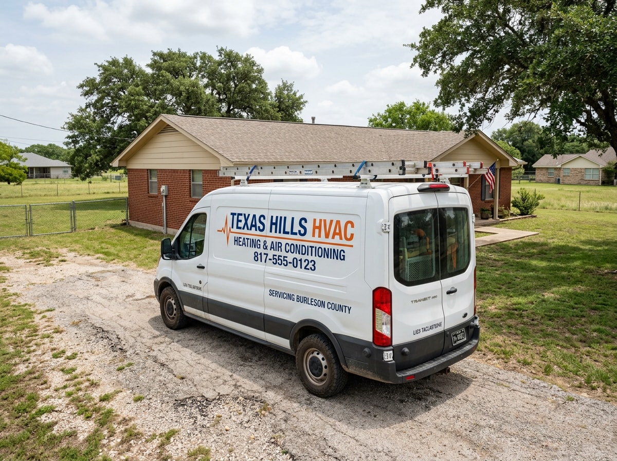 HVAC technician's service van parked outside a home in Burleson County