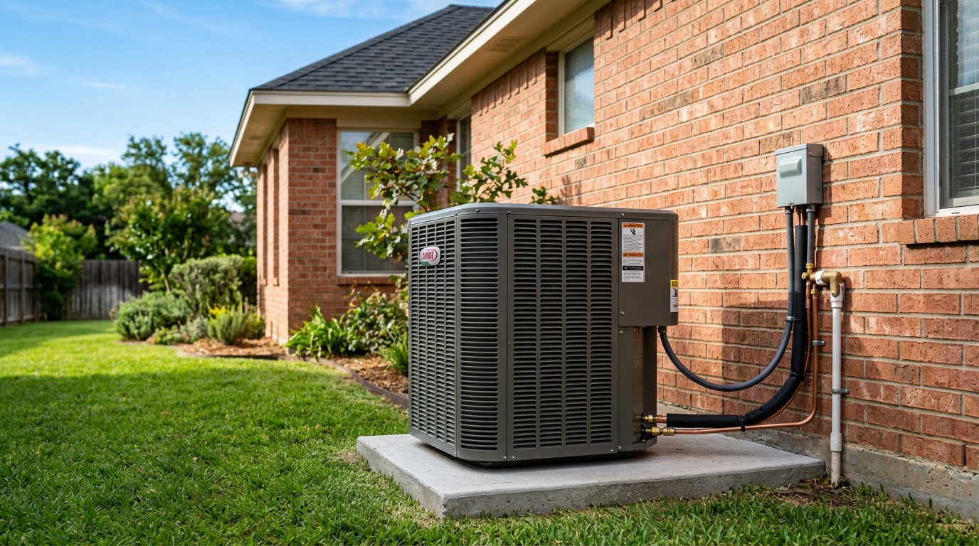 Modern residential air conditioning condenser installed beside a Texas home
