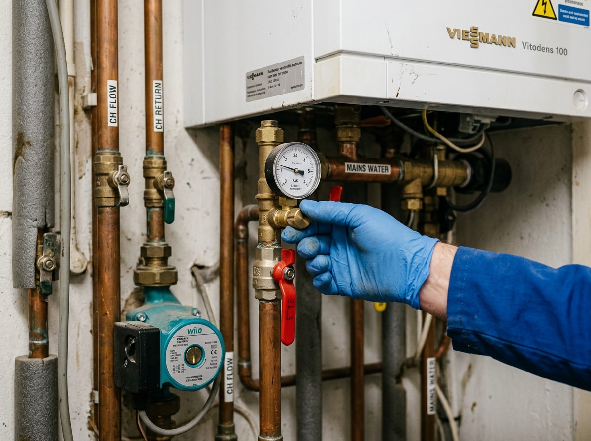 Technician checking pressure gauge and valves on a residential boiler