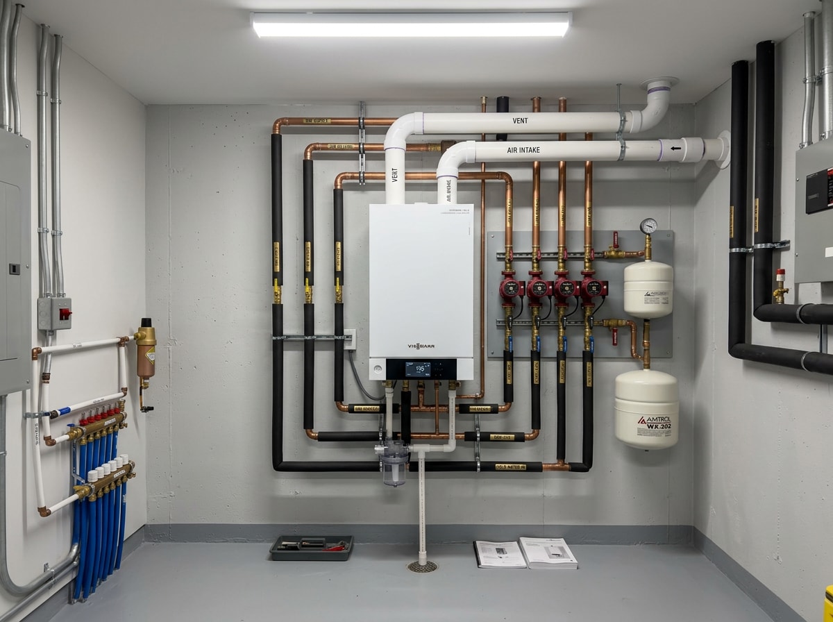 Newly installed high-efficiency gas boiler with copper piping in a mechanical room