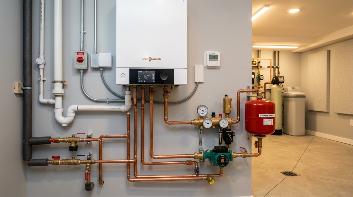 Residential gas boiler installed in a home mechanical room Residential gas boiler installed in a home mechanical room