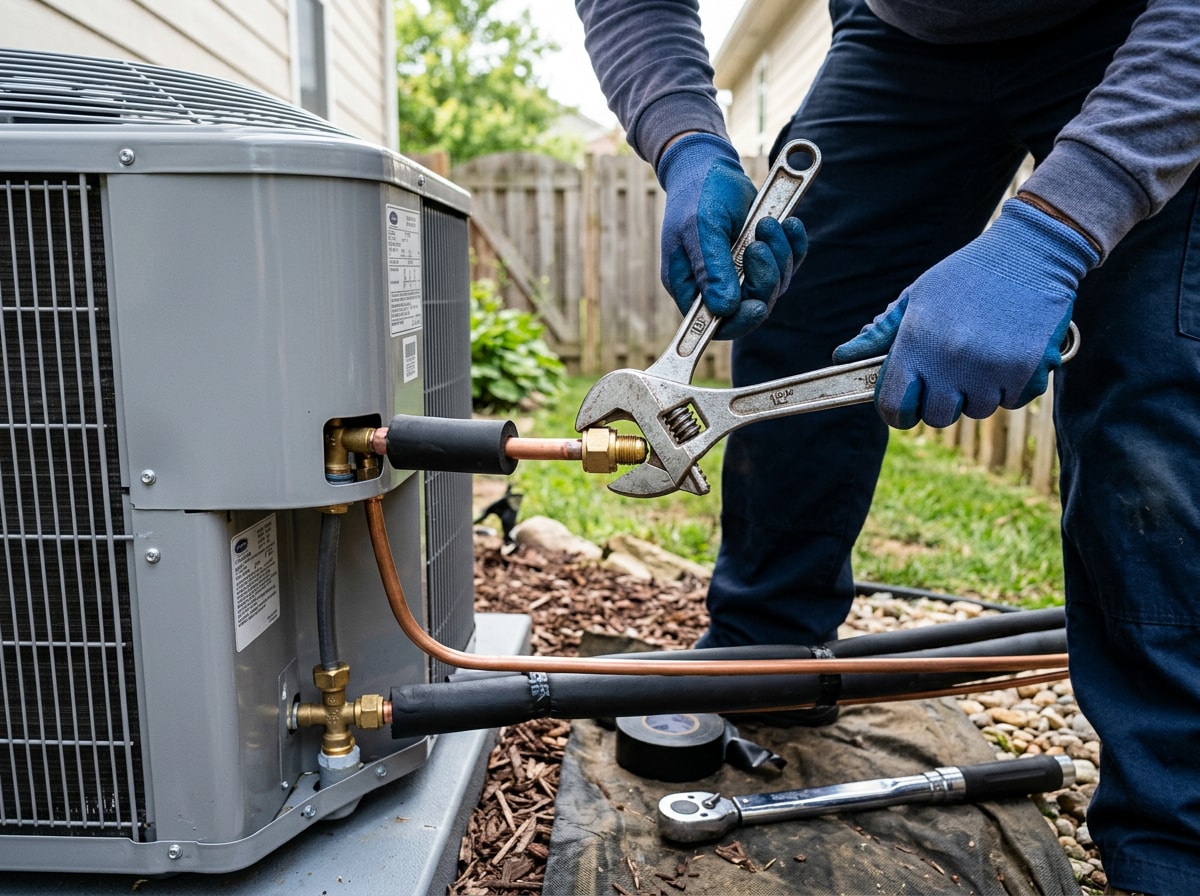 Technician connecting refrigerant lines to a new outdoor condenser unit during a central air conditioning installation in Caldwell, TX