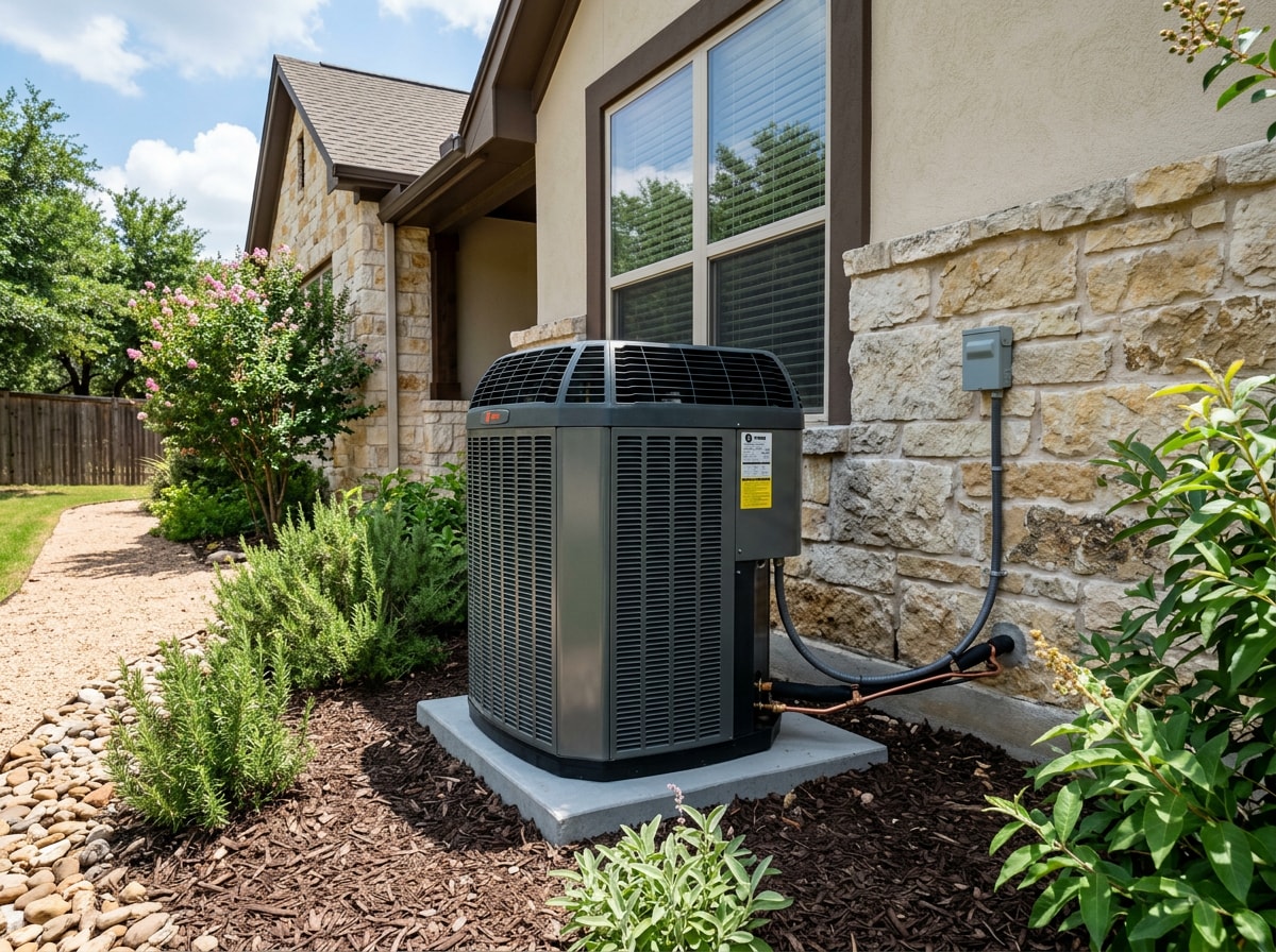 Newly installed outdoor AC condenser unit beside a Caldwell, TX home with manufacturer rating label visible