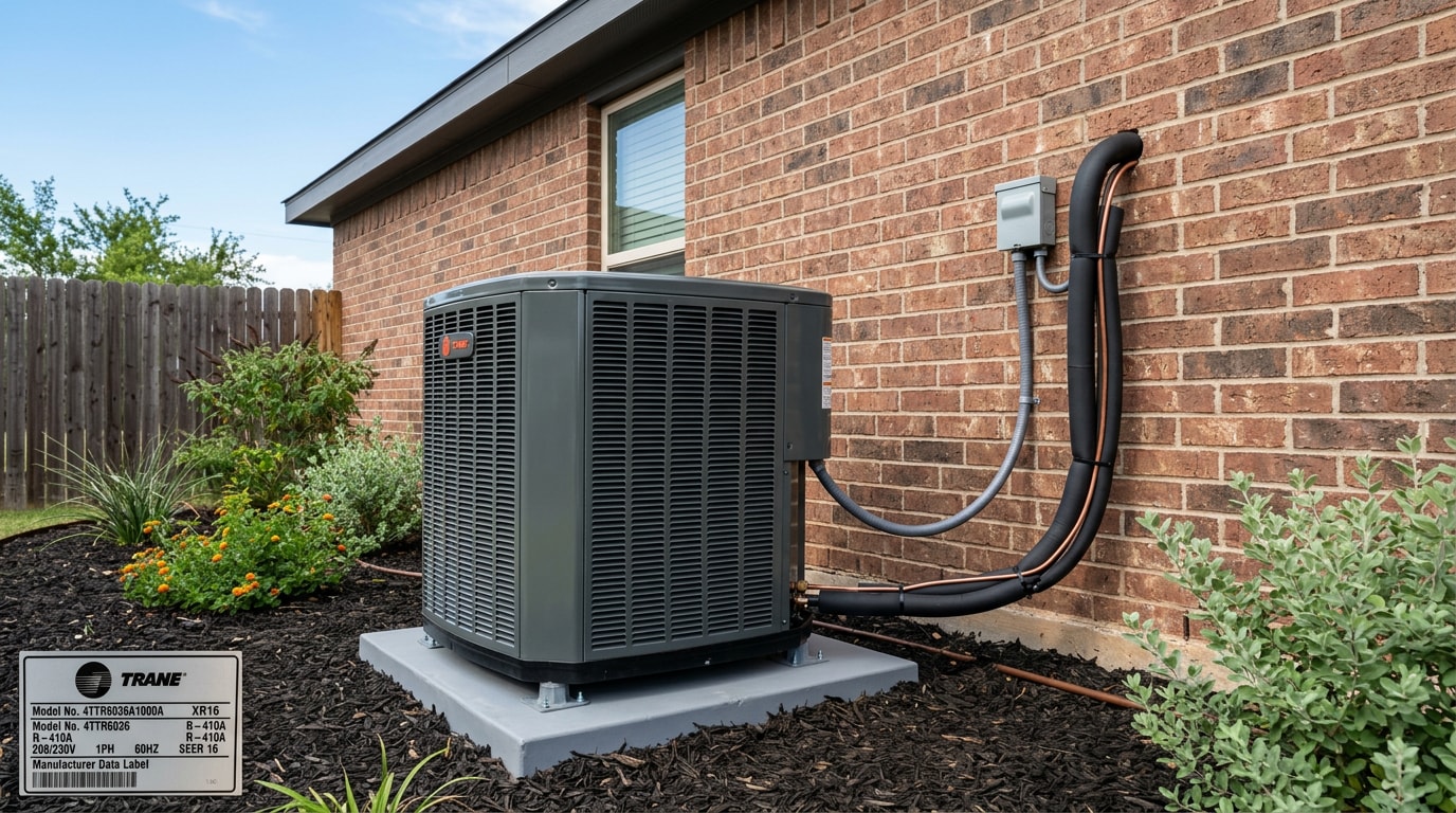 New central air conditioning condenser unit installed outside a home in Caldwell, TX