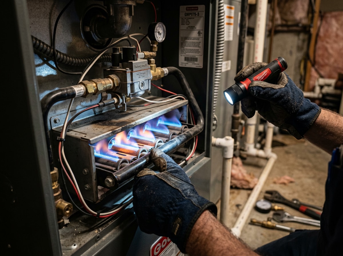 Technician inspecting a propane furnace burner assembly in a Navasota home