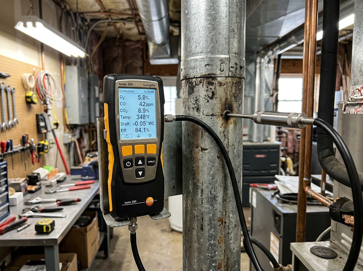 Close-up of an HVAC technician's combustion analyzer reading furnace exhaust gases