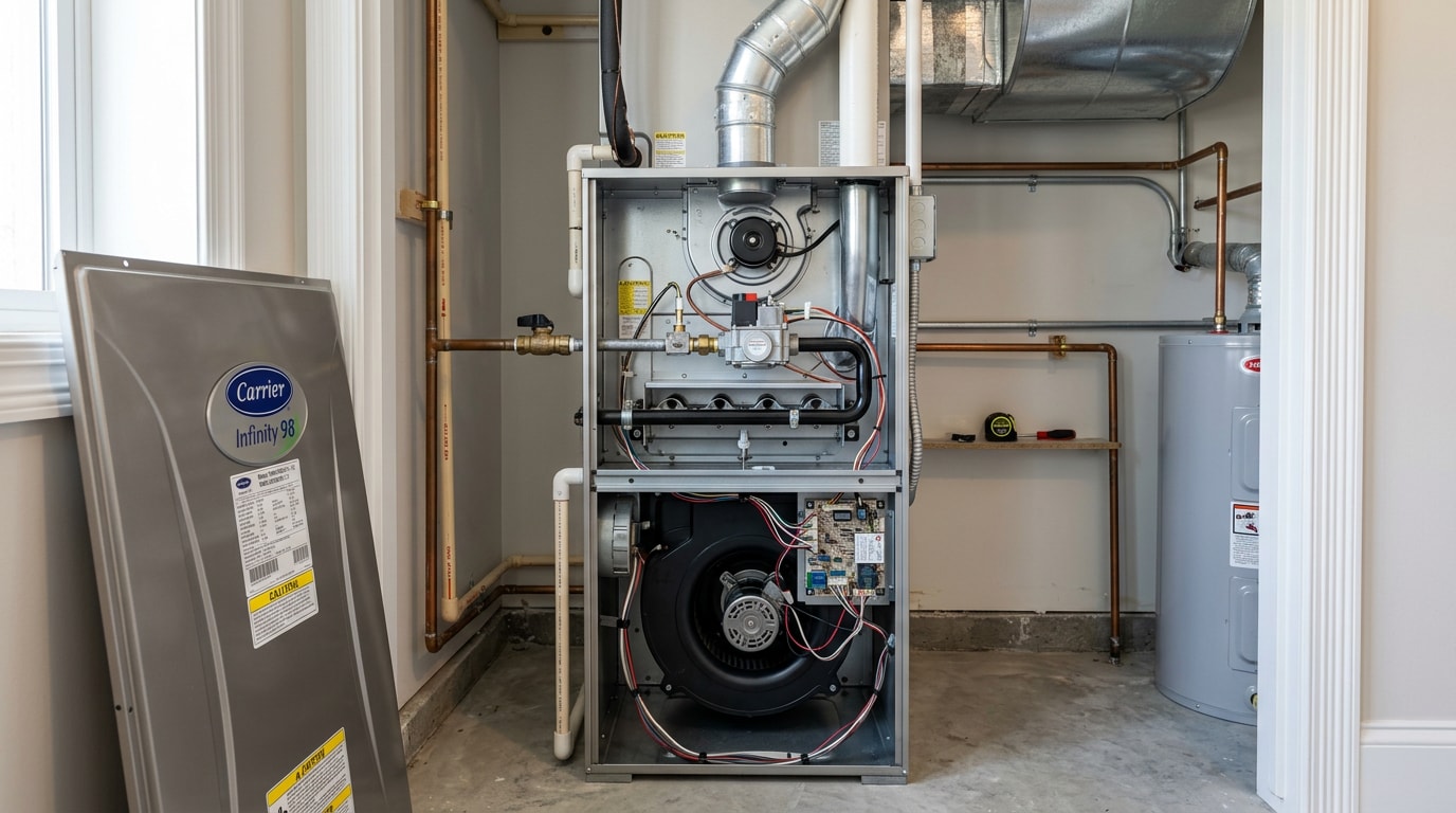 Residential gas furnace with access panel open showing burner and blower components Residential gas furnace with access panel open showing burner and blower components