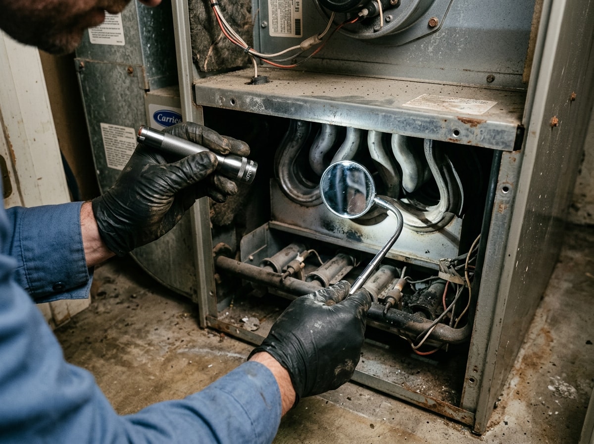 Technician inspecting a furnace heat exchanger for cracks during a safety check
