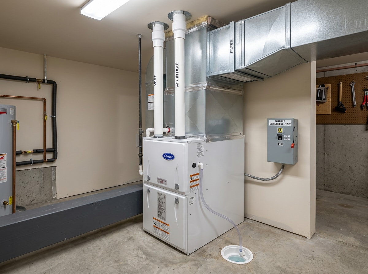 Newly installed high-efficiency furnace with sealed venting in a Bryan, TX mechanical closet