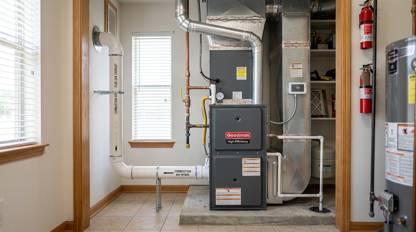 High-efficiency furnace installed in a Bryan, TX home mechanical closet