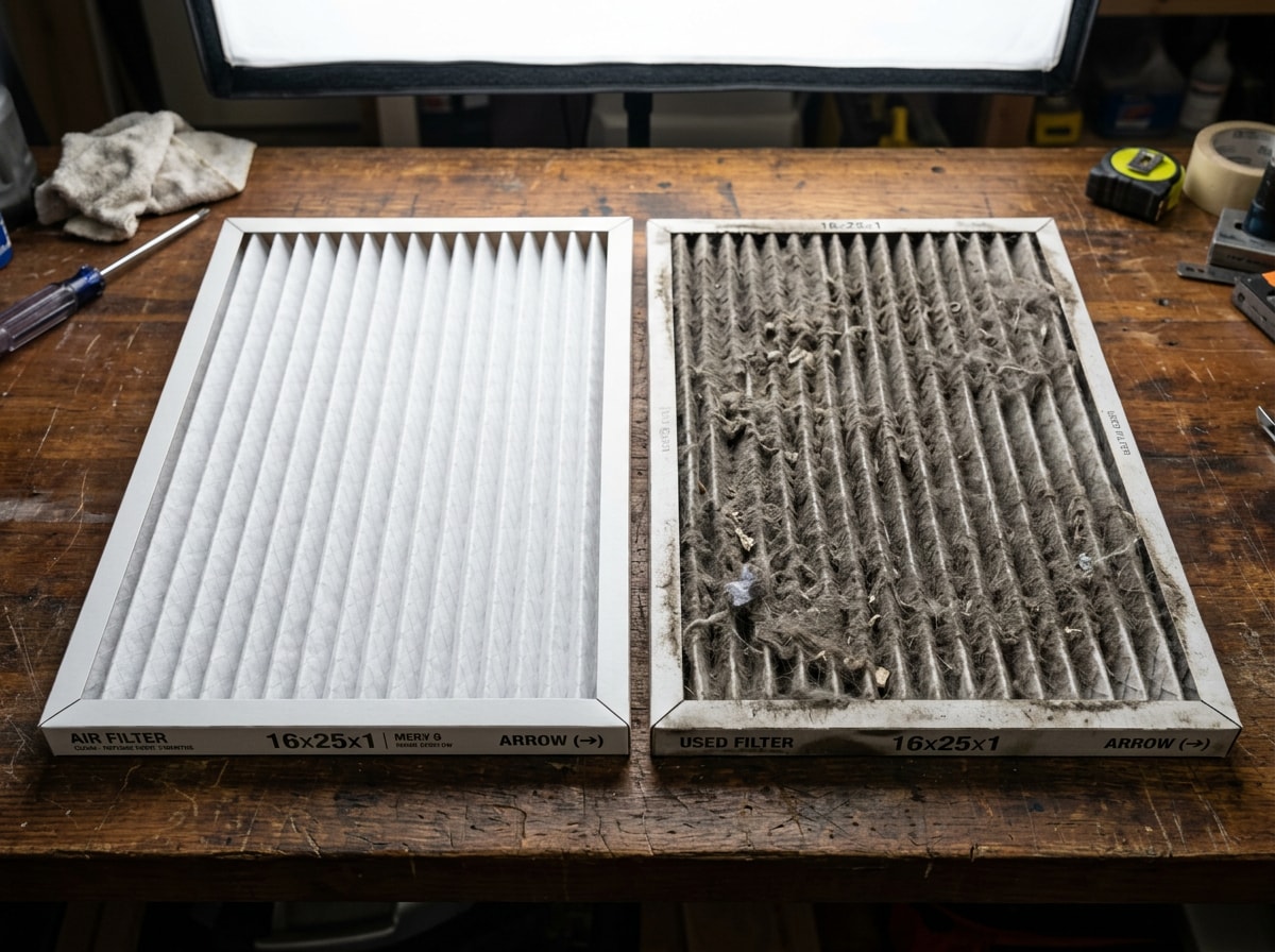 Side-by-side comparison of a clean furnace filter next to a dirty, clogged furnace filter