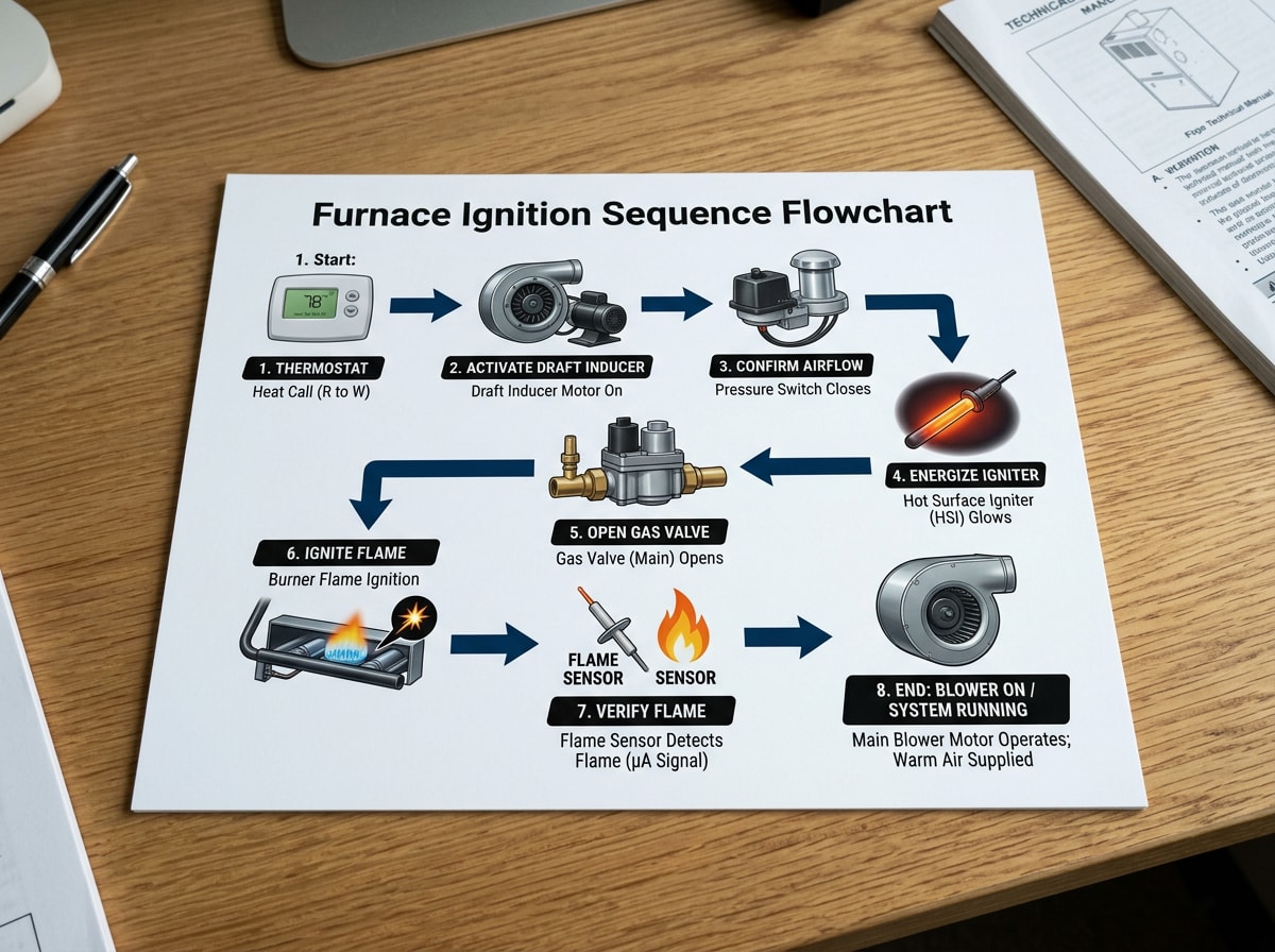 Diagram showing the furnace ignition sequence from thermostat call to flame sensor confirmation