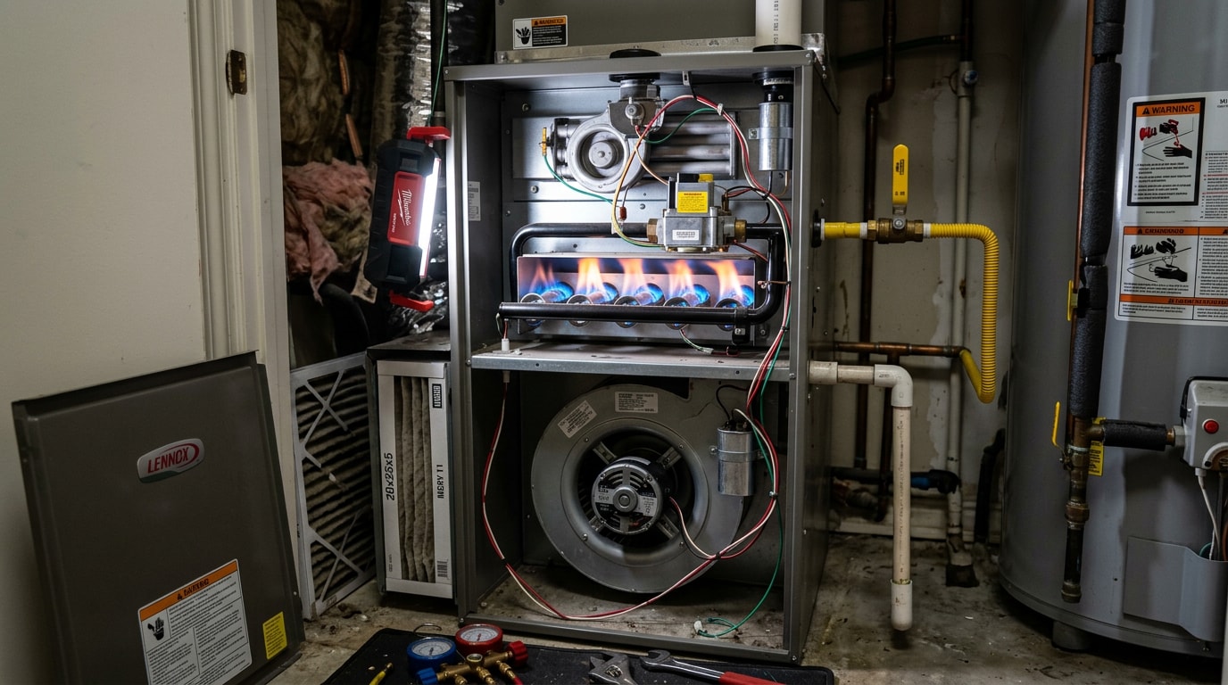 Residential gas furnace with access panel open showing burner assembly