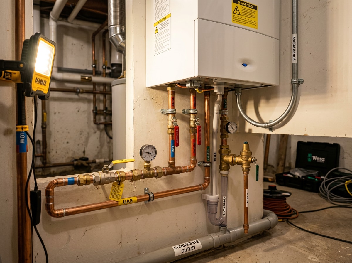 Technician completing a gas fired boiler installation in a College Station, TX mechanical room