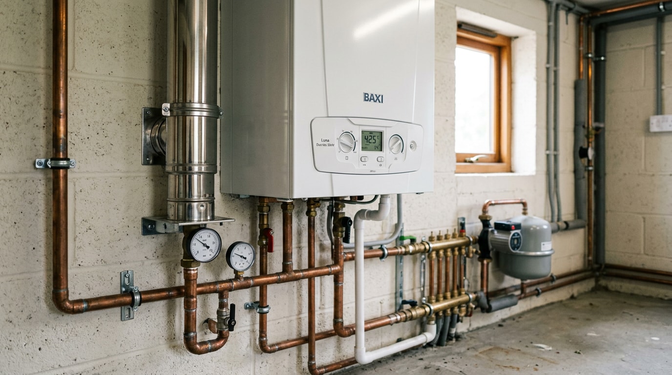 Modern gas fired condensing boiler installed in a College Station, TX home mechanical room