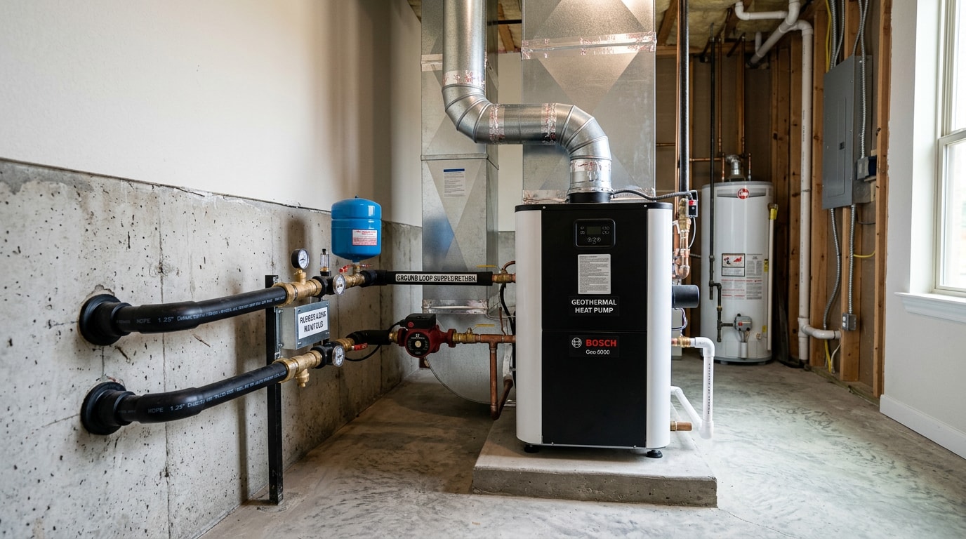 Indoor geothermal heat pump unit installed in a Brenham, TX home mechanical room