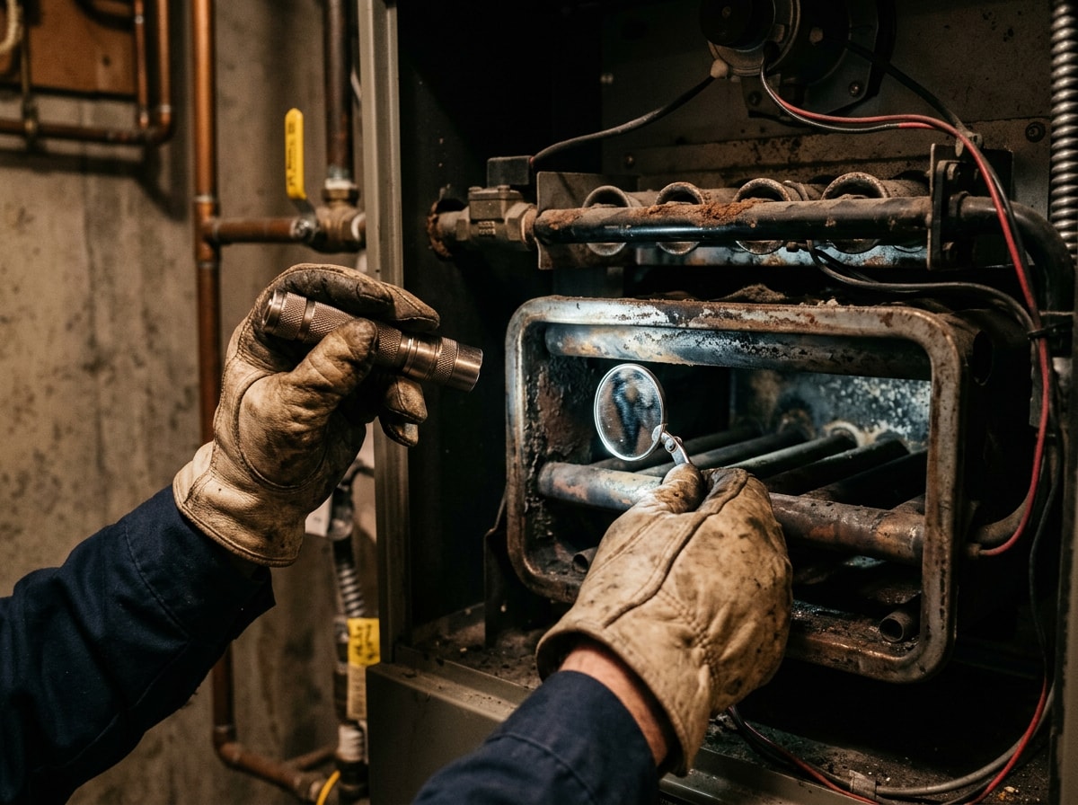 Technician inspecting a furnace heat exchanger during a heating tune-up