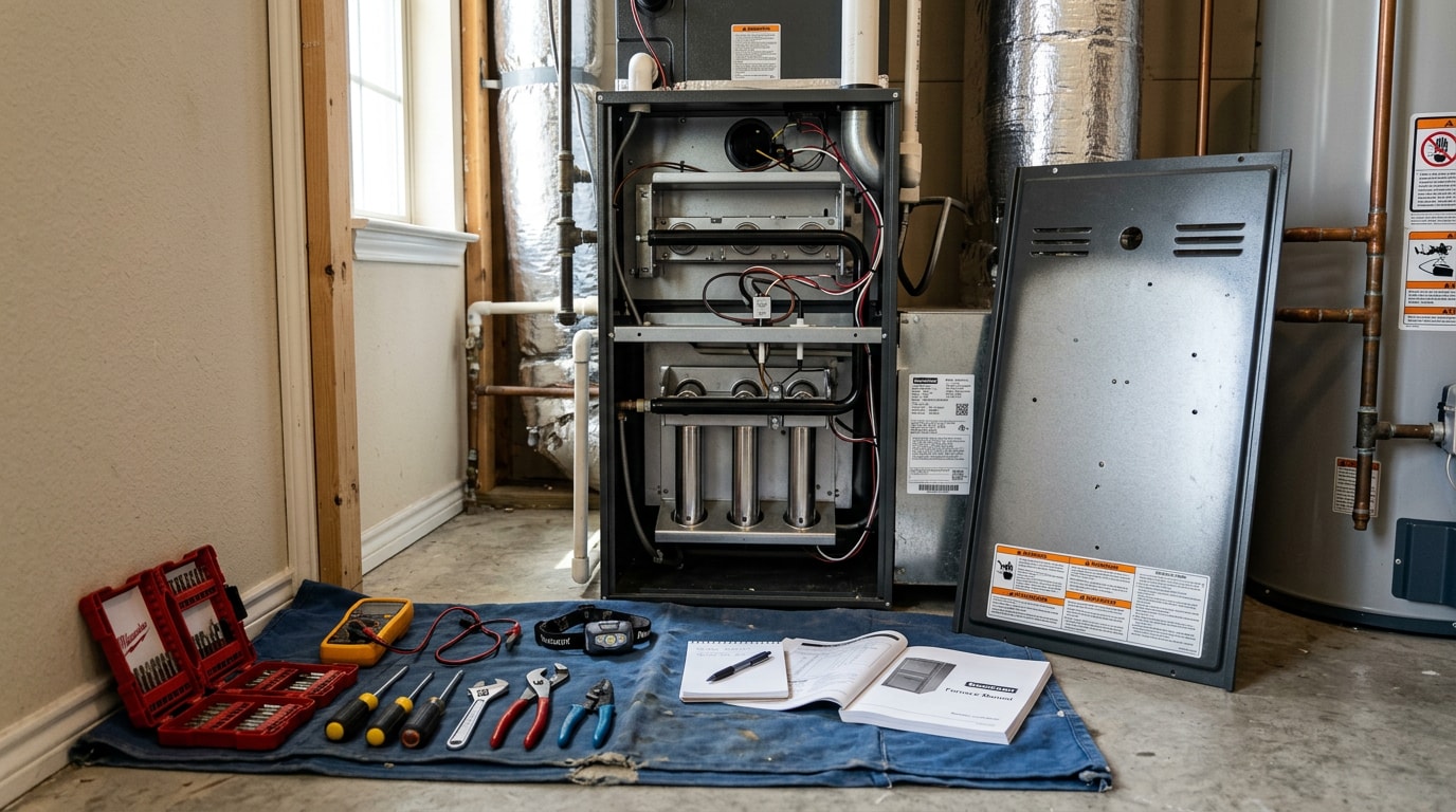 Residential furnace with access panel open during a heating system tune up