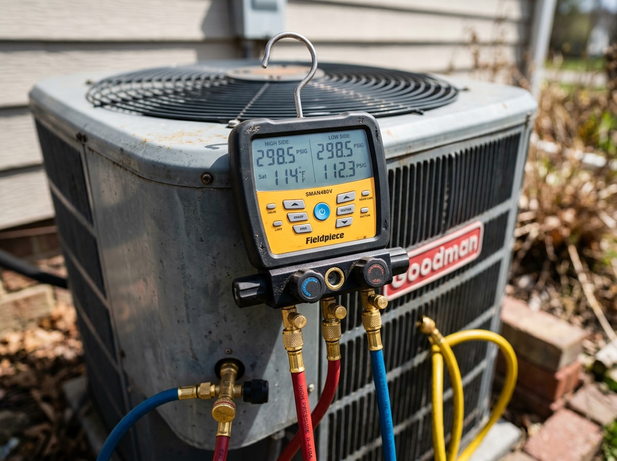 HVAC technician using diagnostic gauges to test a condenser unit during a commissioning visit