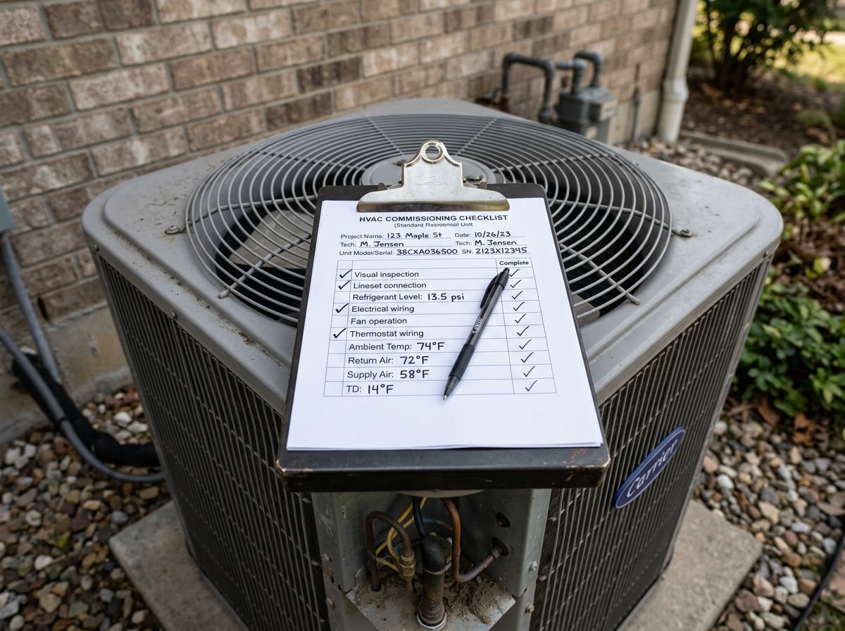 Technician reviewing a commissioning checklist on a clipboard beside an outdoor HVAC unit