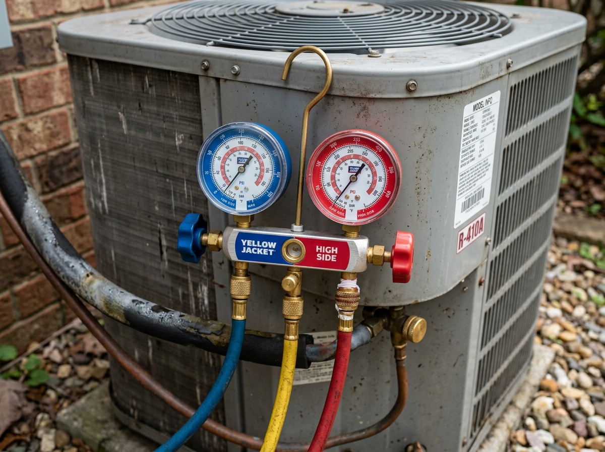 Technician using a manifold gauge to check refrigerant pressure on an outdoor condenser unit
