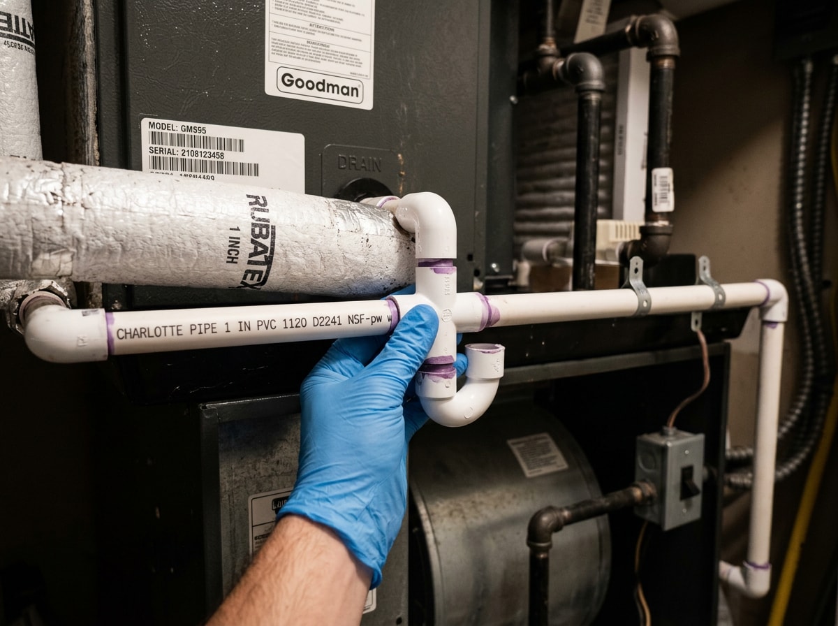 Close-up of a technician's hand inspecting a condensate drain line for clogs near an indoor air handler