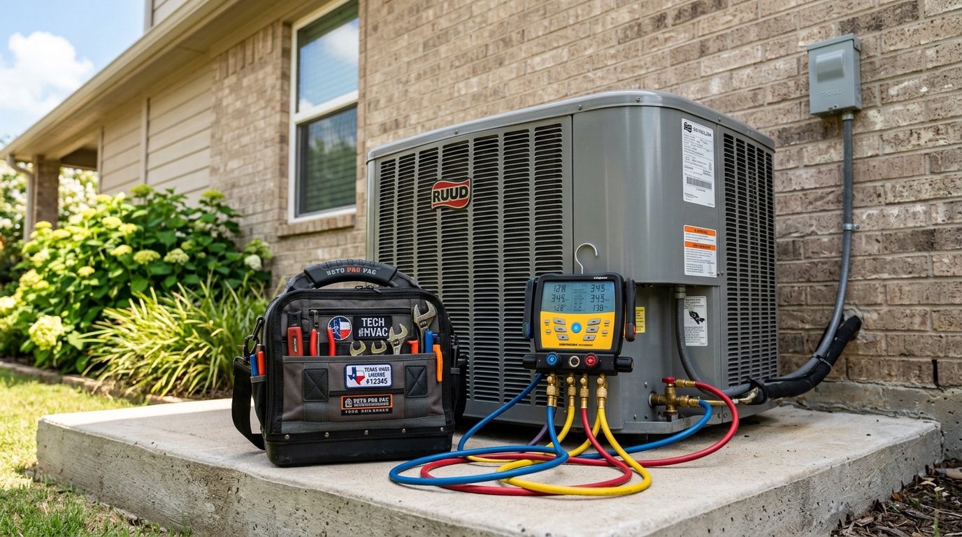 HVAC inspection equipment set up beside a residential condenser unit in Bryan, TX HVAC inspection equipment set up beside a residential condenser unit in Bryan, TX