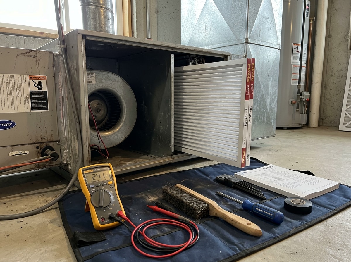 HVAC technician performing a seasonal tune-up checklist on a residential system