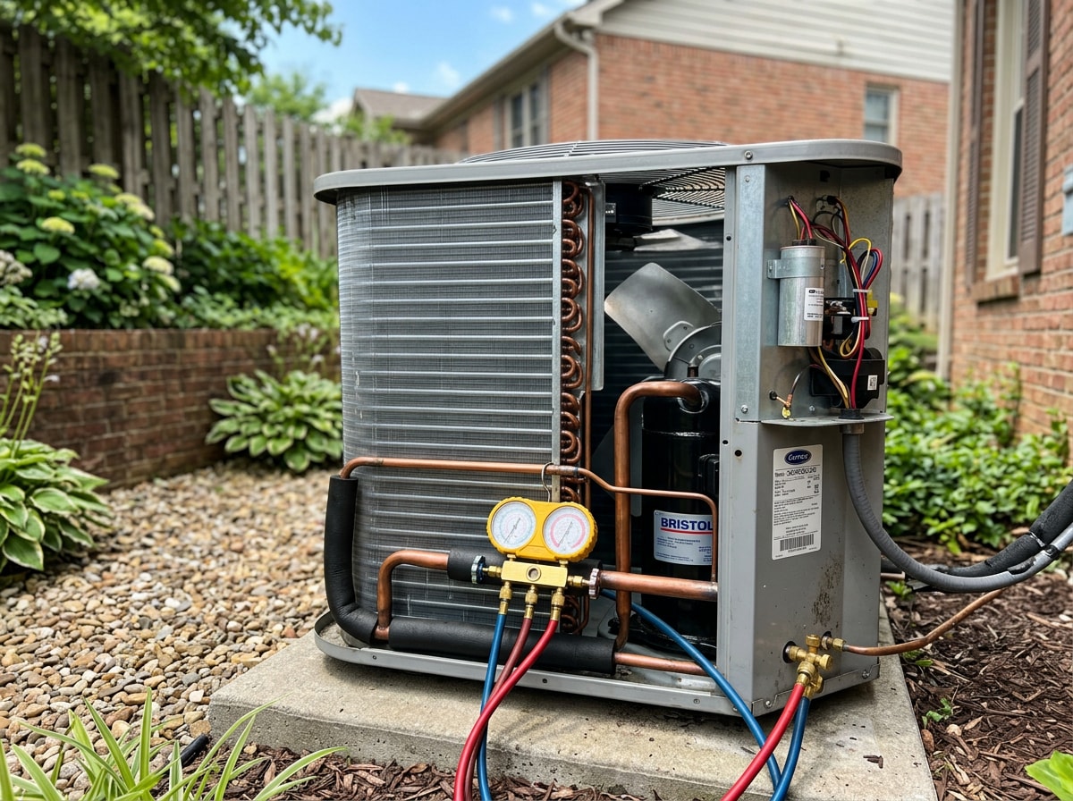 Technician inspecting an outdoor condenser coil during a scheduled maintenance visit