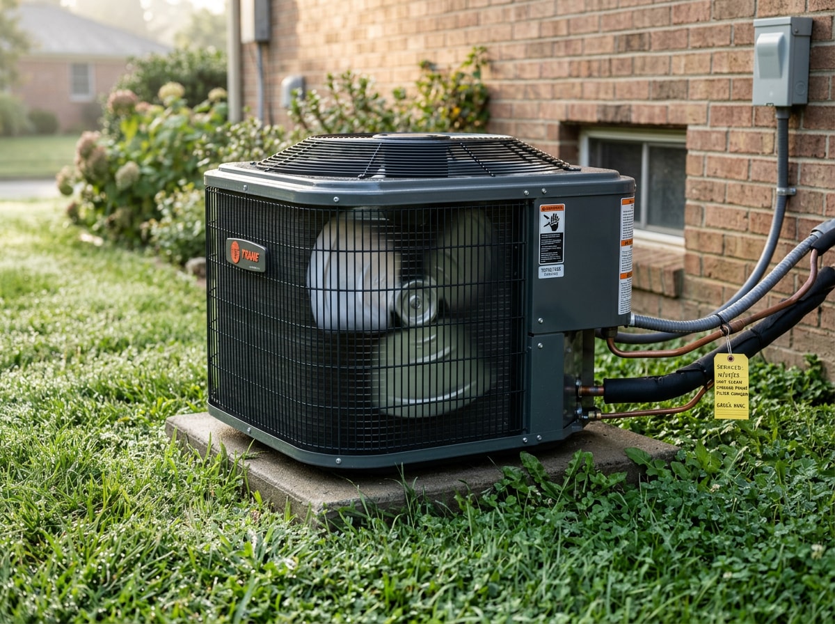 Close-up of a residential HVAC condenser unit after a completed maintenance service