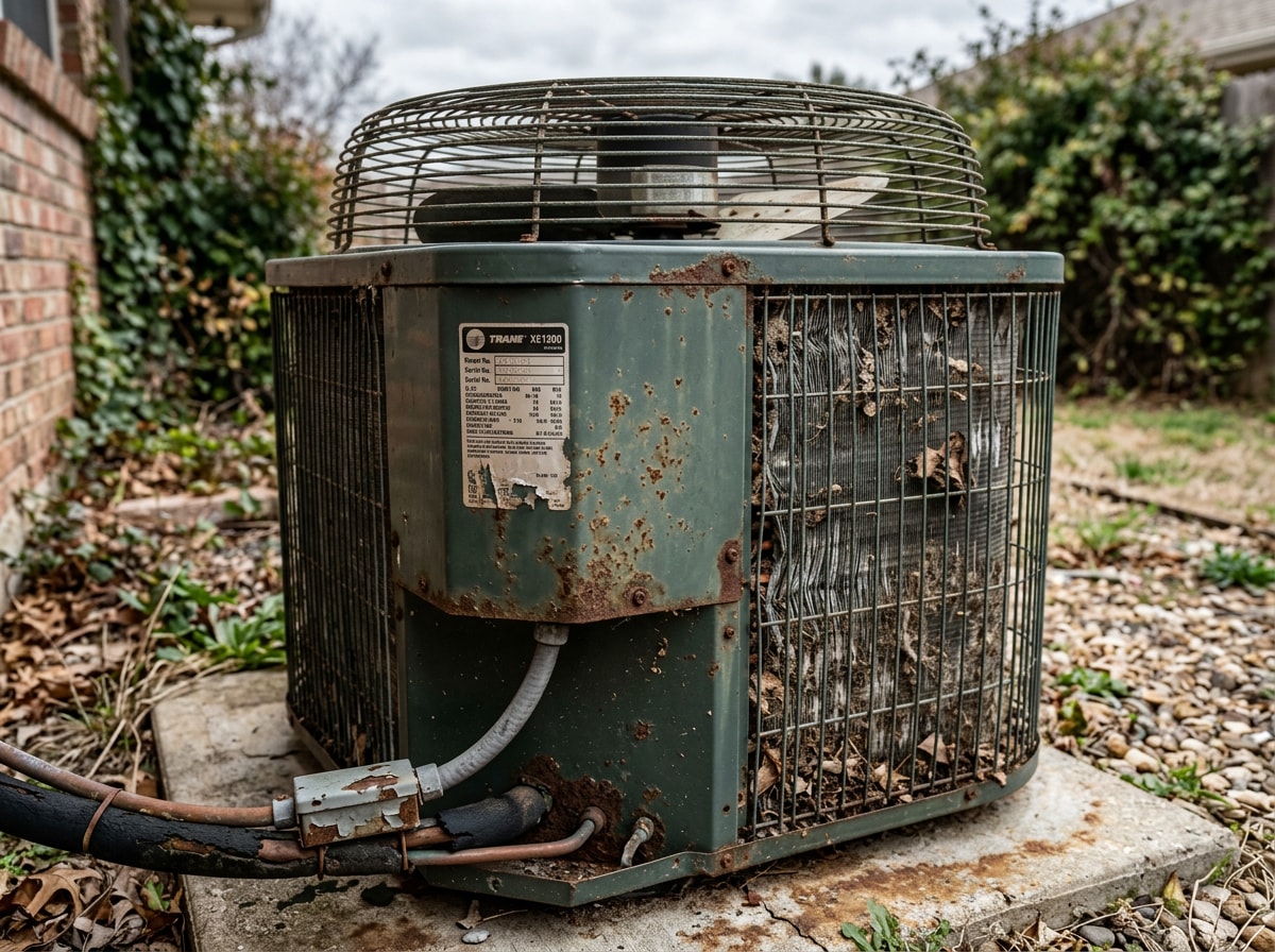Outdoor condenser unit showing signs of wear in a Navasota, TX backyard