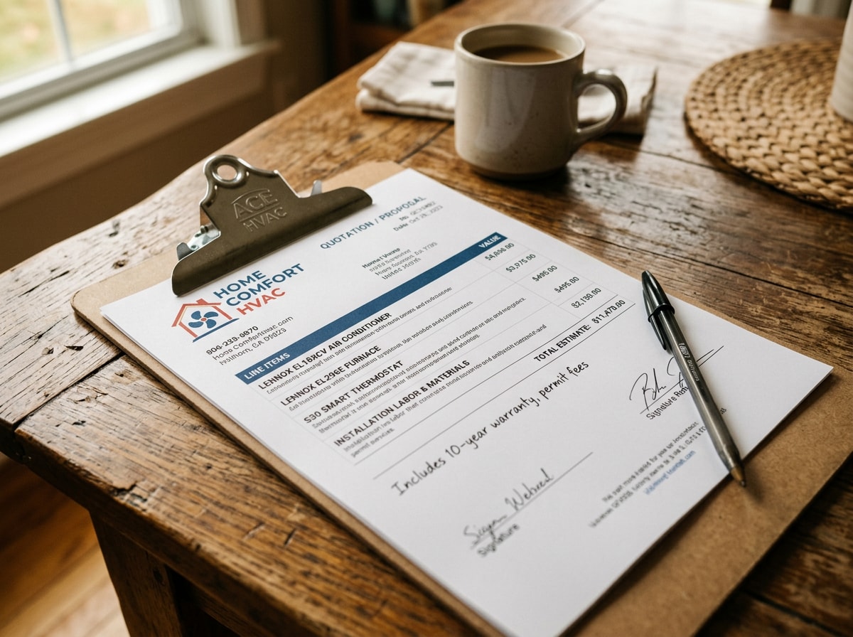 Technician reviewing a written HVAC quote with a homeowner at a kitchen table
