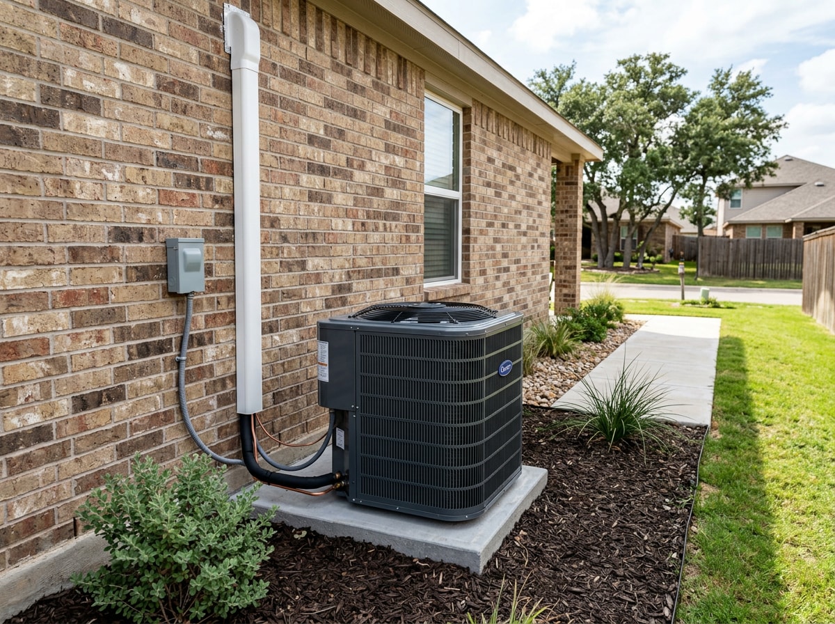 HVAC technician installing an outdoor AC unit at a Navasota home