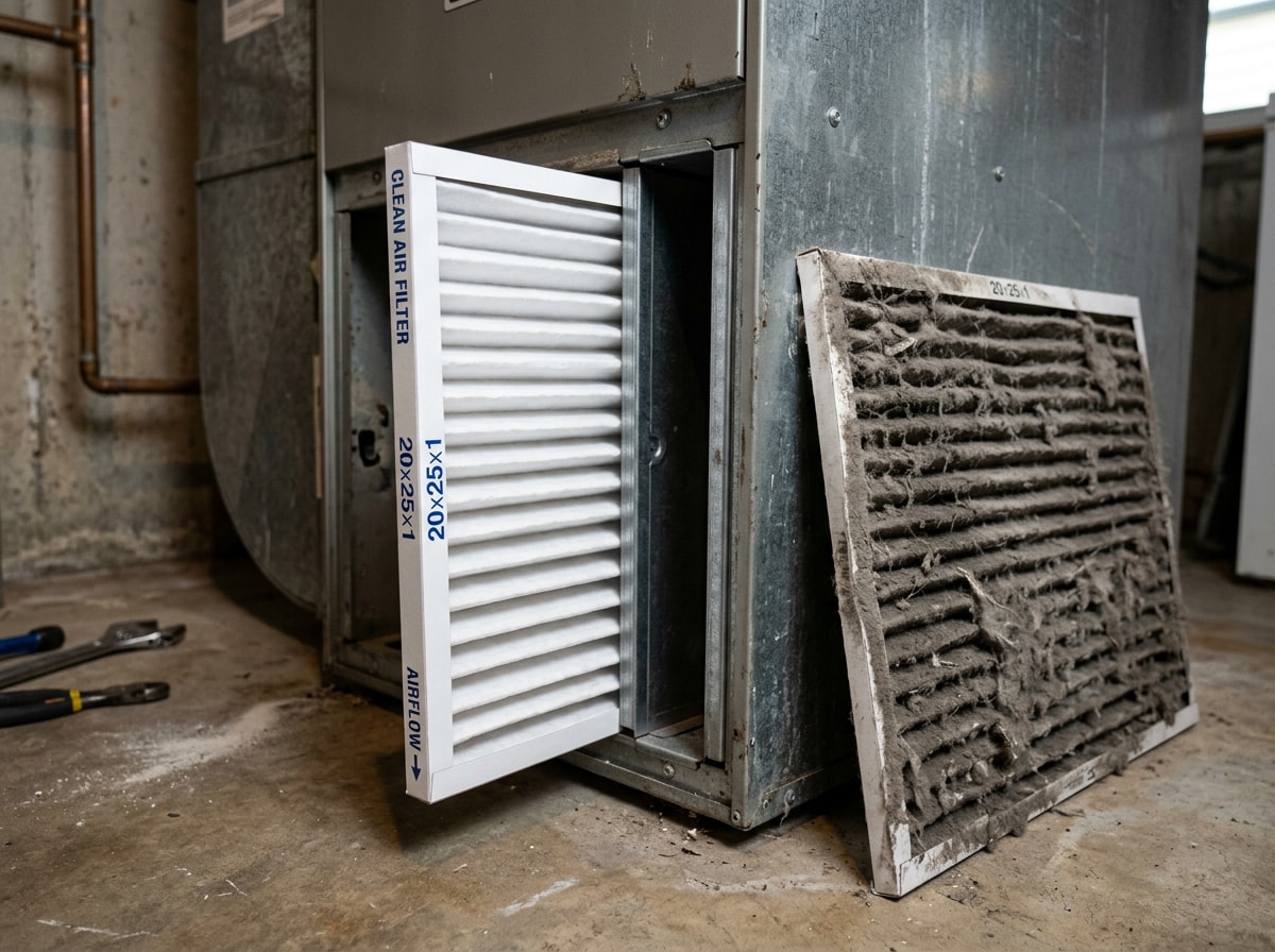 Close-up of a technician replacing a dirty HVAC air filter