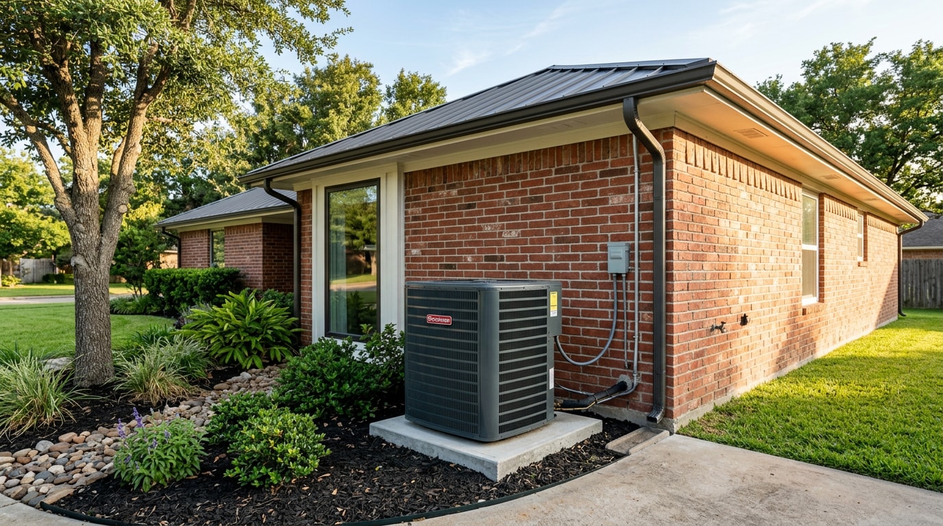 Residential HVAC condenser unit installed outside a home in Navasota, TX Residential HVAC condenser unit installed outside a home in Navasota, TX