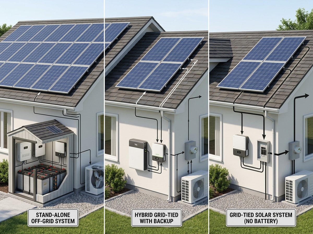 Comparison diagram showing DC off-grid, hybrid, and grid-tied solar air conditioning system layouts