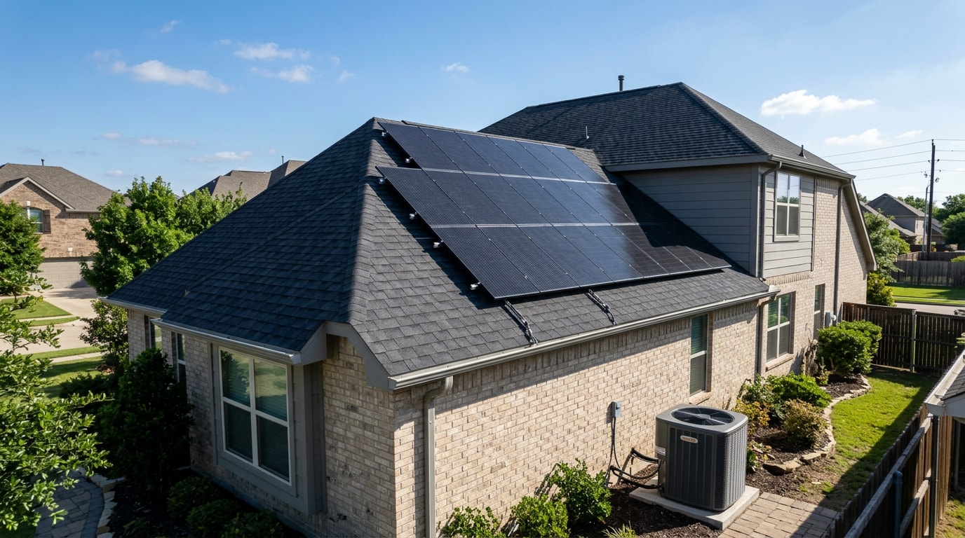 Solar panels installed on a residential roof next to an outdoor air conditioning condenser unit in Bryan, TX