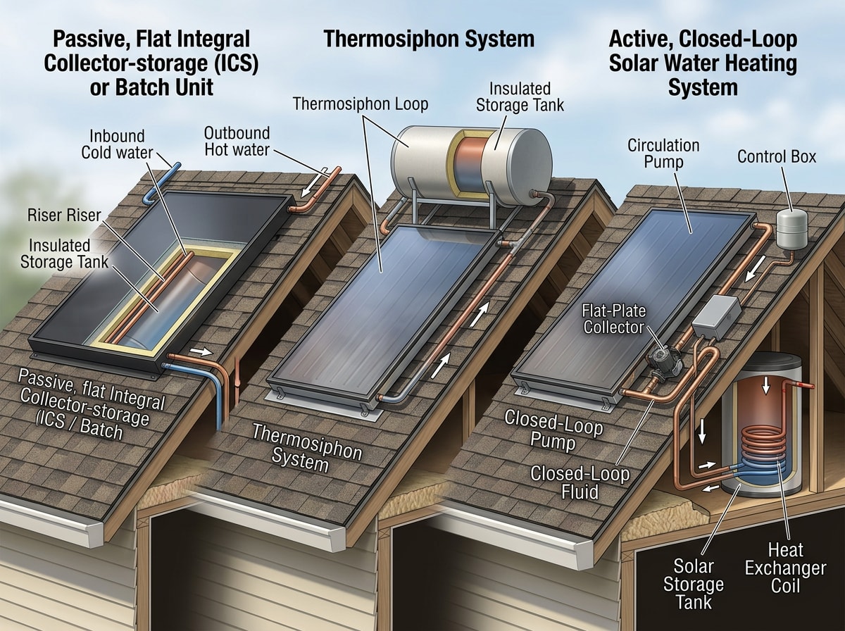 Rooftop comparison of ICS batch collector, thermosiphon loop, and active closed-loop solar water heater