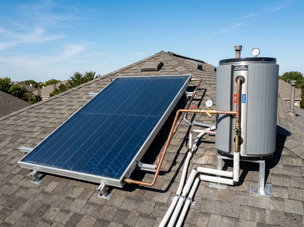 Residential rooftop solar water heater collector and insulated storage tank installed on a Central Texas home